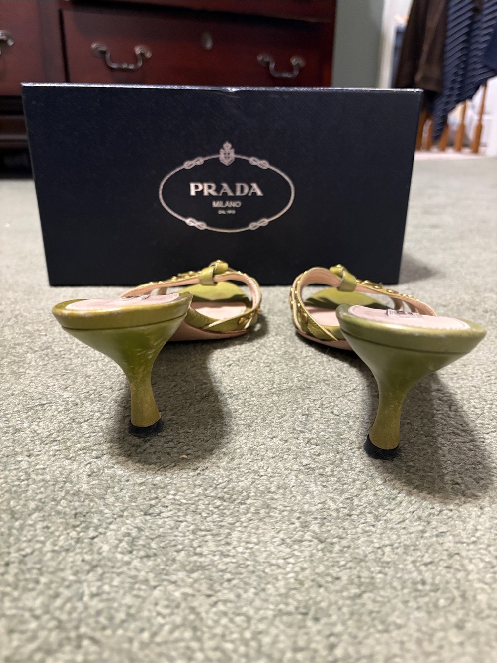 Prada Olive Green Studded Leather Kitten Heel Mules - Picture 4 of 5